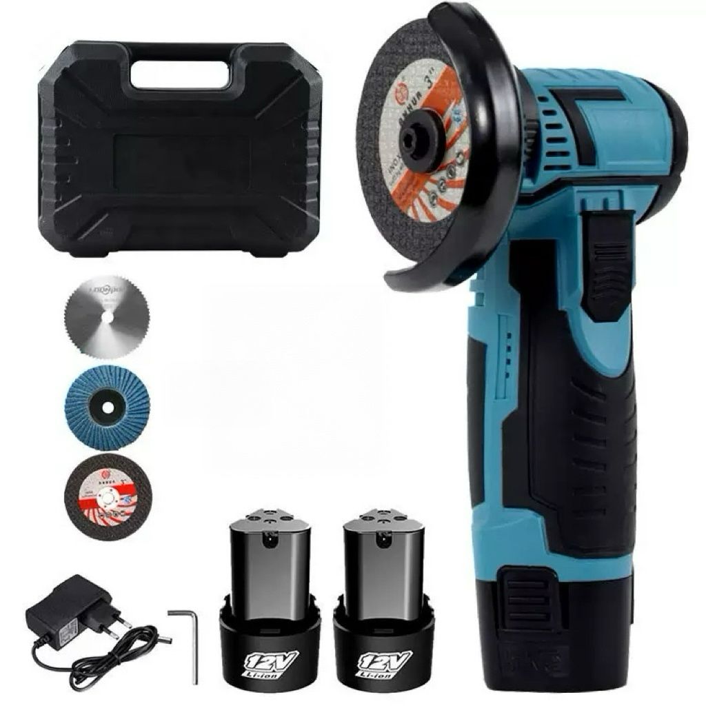 Amoladora Angular Inalámbrica 12V + 2 Baterías Recargables + Accesorios