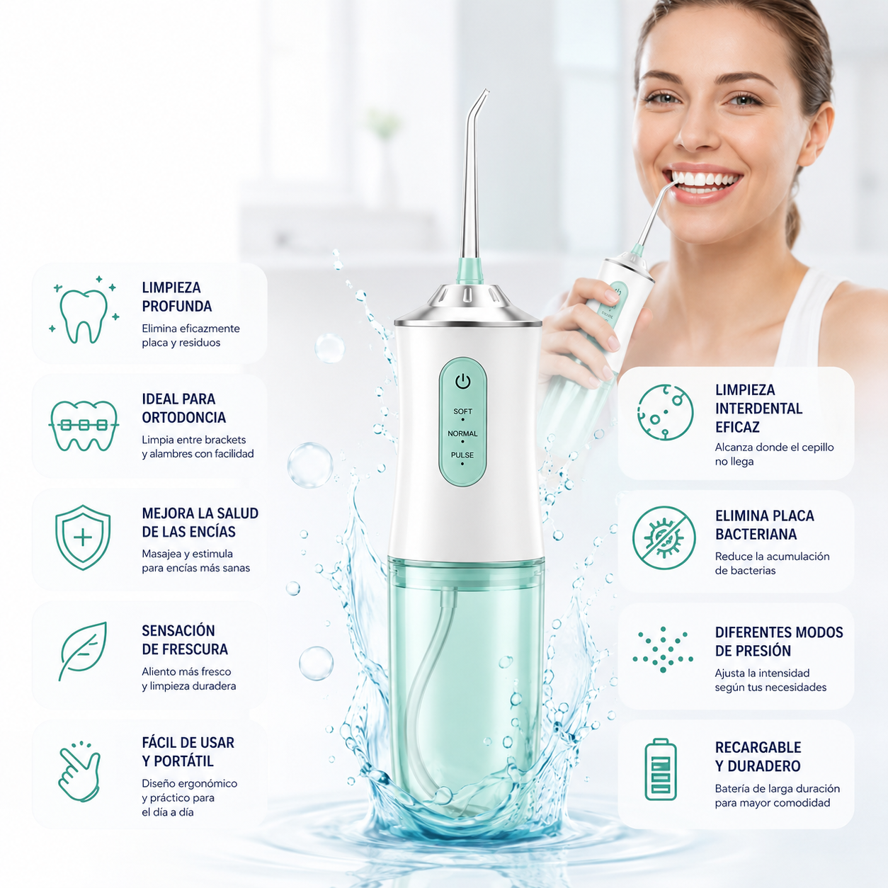 Irrigador Bucal Eléctrico Portátil con 3 Modos y 4 Boquillas