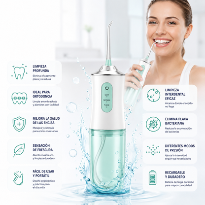 Irrigador Bucal Eléctrico Portátil con 3 Modos y 4 Boquillas