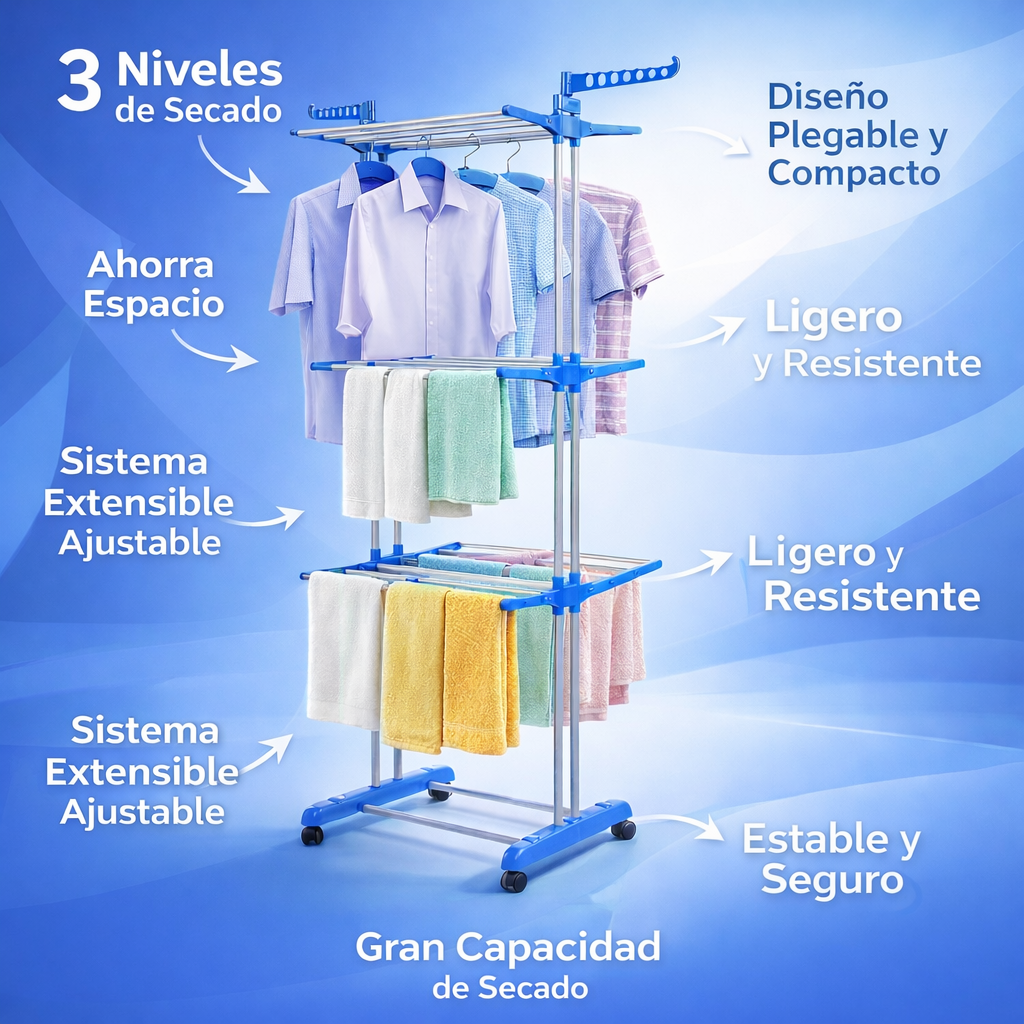 Tendedero Vertical de 3 Niveles - Más Capacidad, Menos Espacio Ocupado
