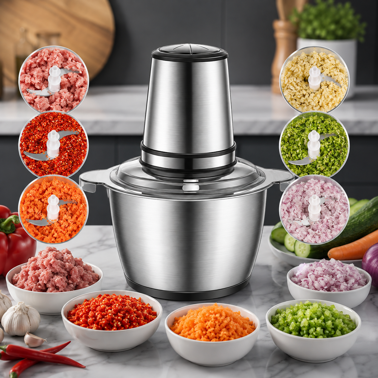 Picadora Eléctrica de Alimentos 2 Litros con Recipiente de Acero Inoxidable