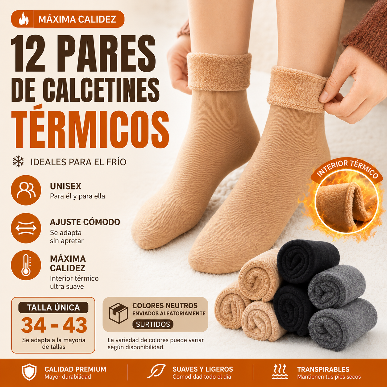 Pack 12 Pares de Calcetines Térmicos Forrados para Invierno