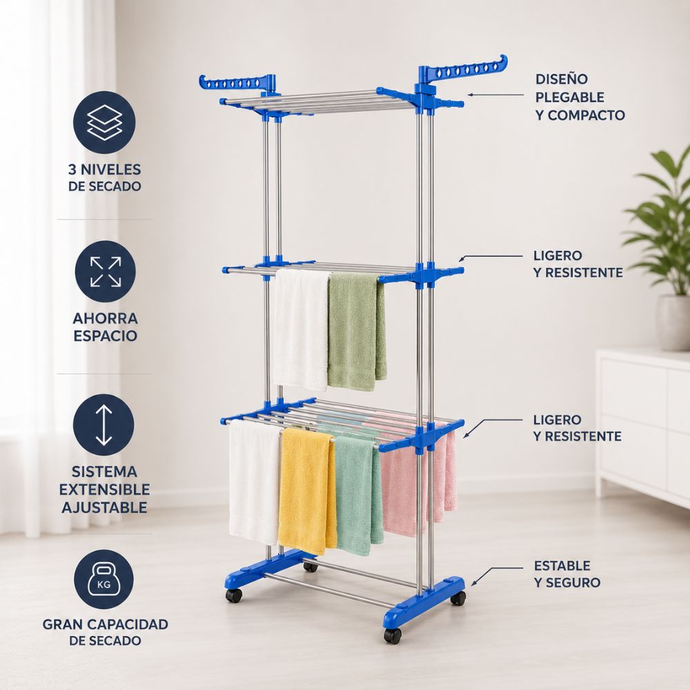 Tendedero Vertical de 3 Niveles - Más Capacidad, Menos Espacio Ocupado